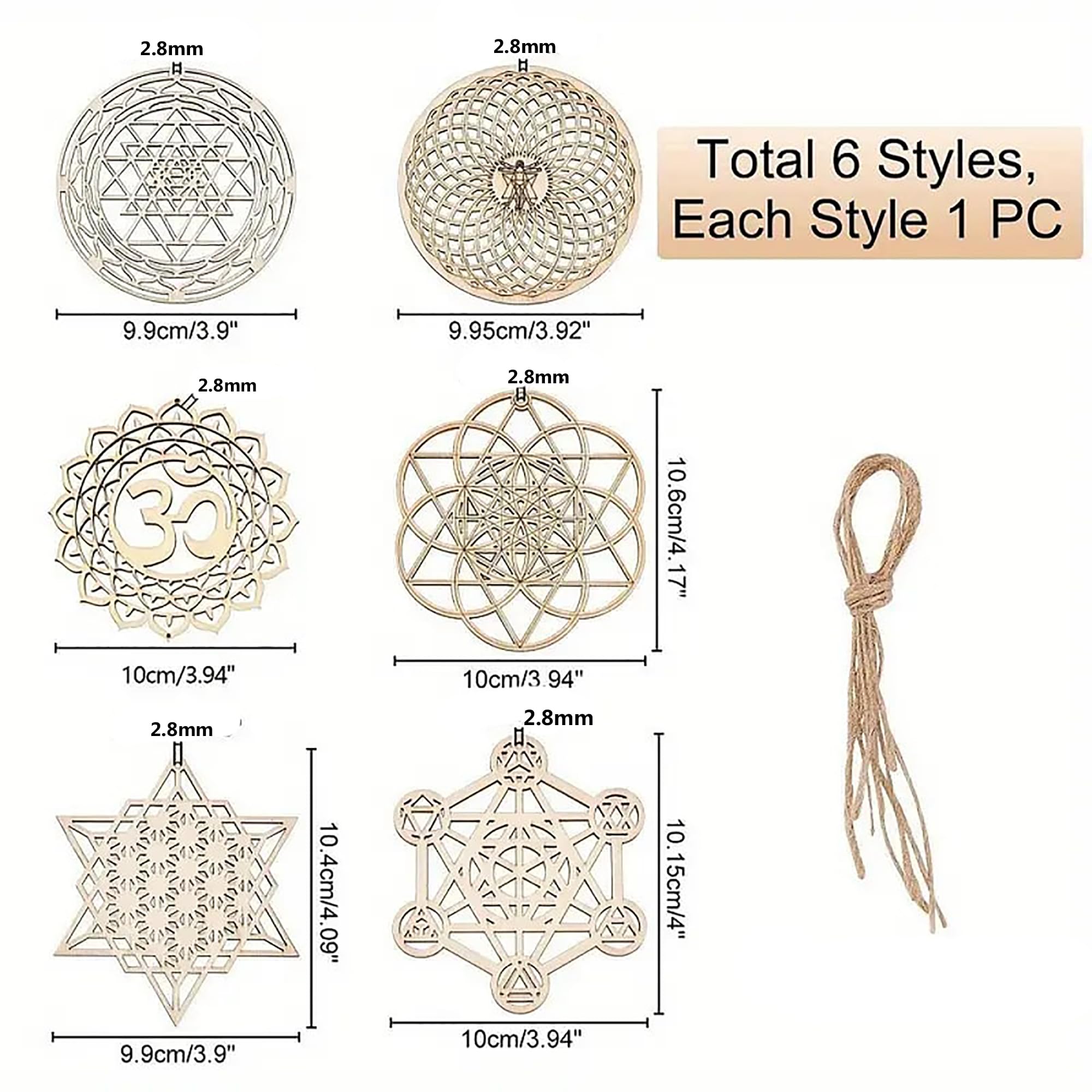 unfinished wooden sacred geometry art with hanging rope