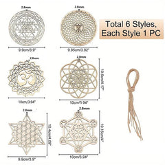 unfinished wooden sacred geometry art with hanging rope
