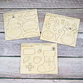Three wooden ornament templates for Santa Claus, reindeer, and a stocking on a wooden surface.