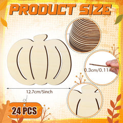 Wooden pumpkin shapes with measurements and packaging details on an orange background
