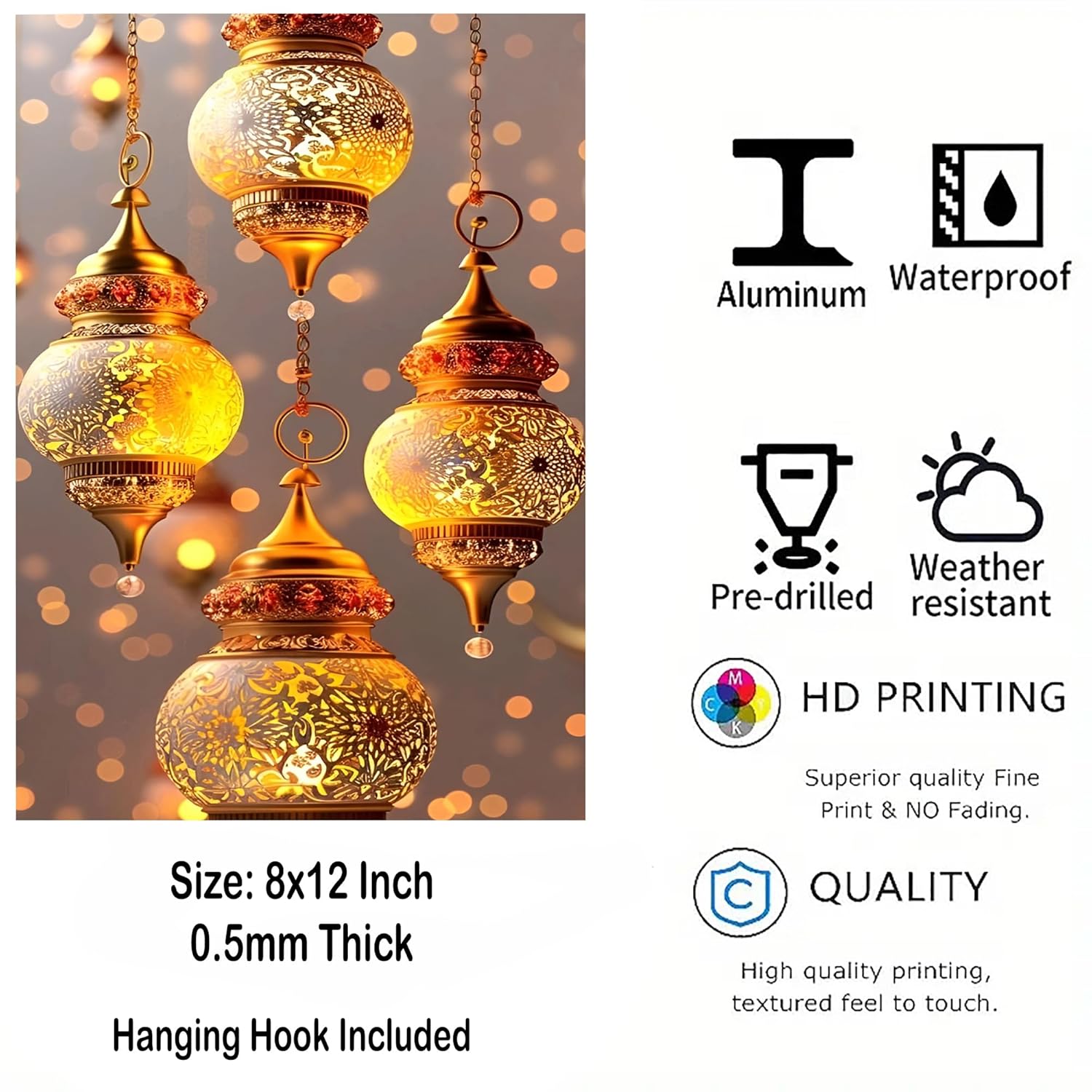 Decorative hanging lights with product features and specifications on a gray background
