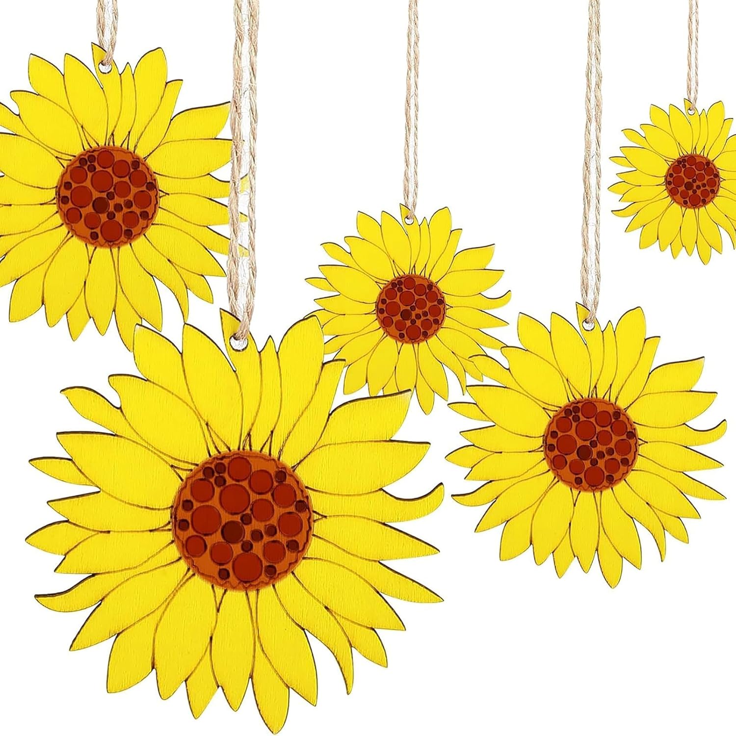 Set of yellow sunflower decorations hanging on a white background