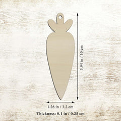 Carrot-shaped wooden pendant with measurements on a light wood background