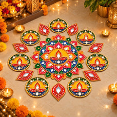 Colourful Diwali floor decoration with diya circles