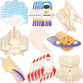 Set of wooden space-themed cutouts including an astronaut, spaceship, cloud, and alien.