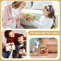 Woman and child exchanging a gift, with a decorative gift tag, in a cozy living room setting.