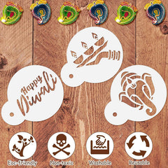 Set of Diwali-themed stencils on a wooden background with decorative elements above.
