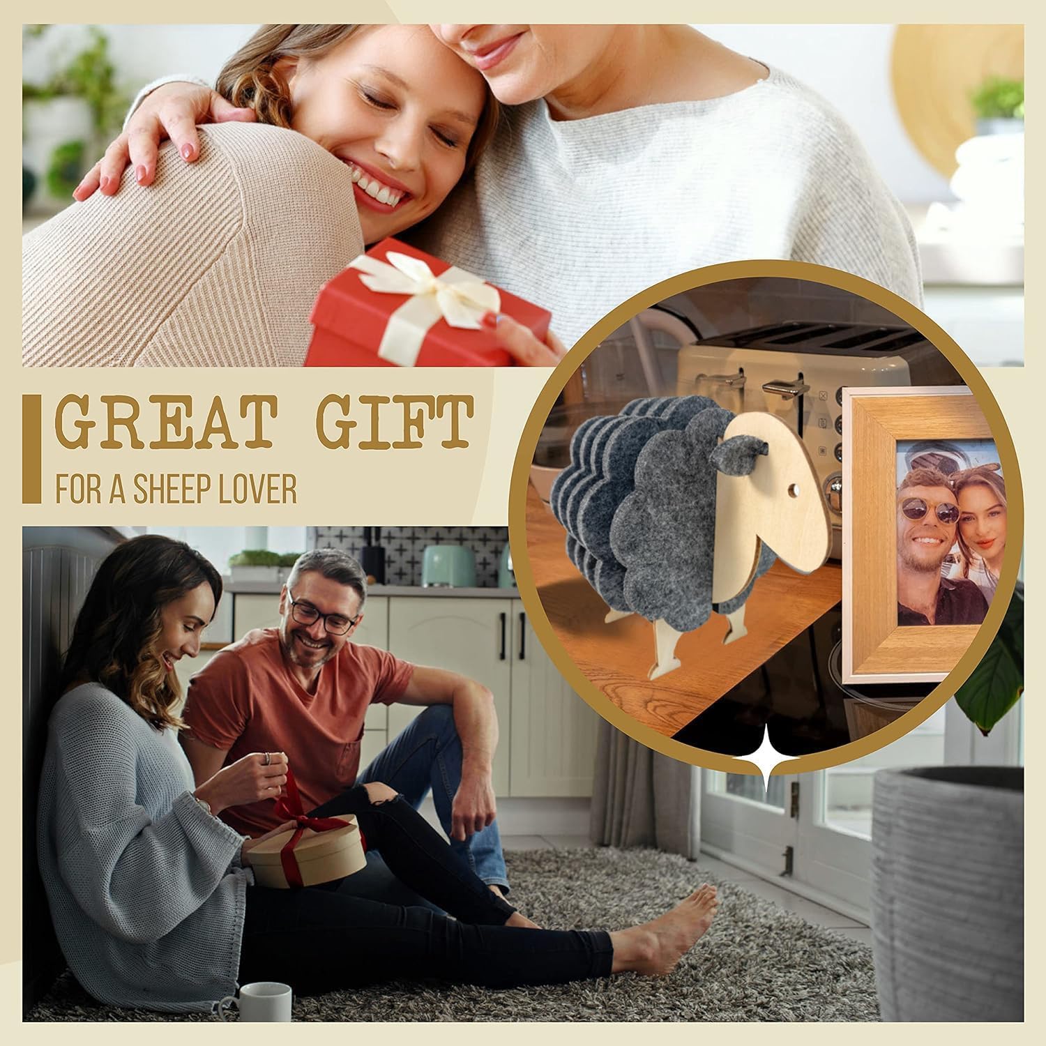 Collage of a woman receiving a gift, a couple sitting on the floor with a gift, and a sheep-shaped product.
