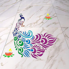 Cliths Wooden Peacock and Diya Rangoli Stencil Cutout for Diwali Mandala Floor Art Wall Painting Template