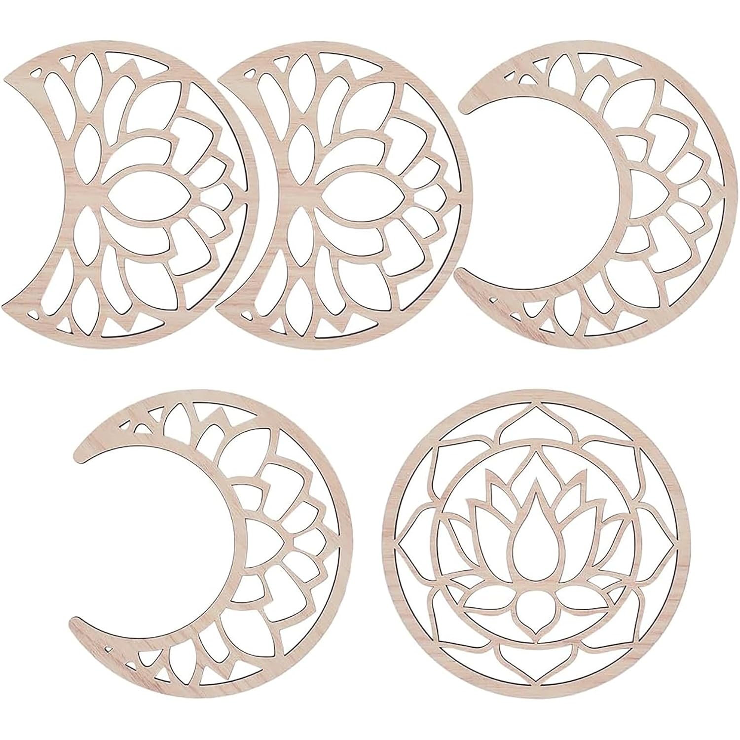 Set of five wooden cutouts with floral and crescent moon designs on a white background