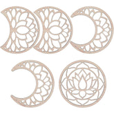 Set of five wooden cutouts with floral and crescent moon designs on a white background