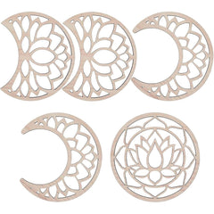 Set of five wooden cutouts with floral and crescent moon designs on a white background