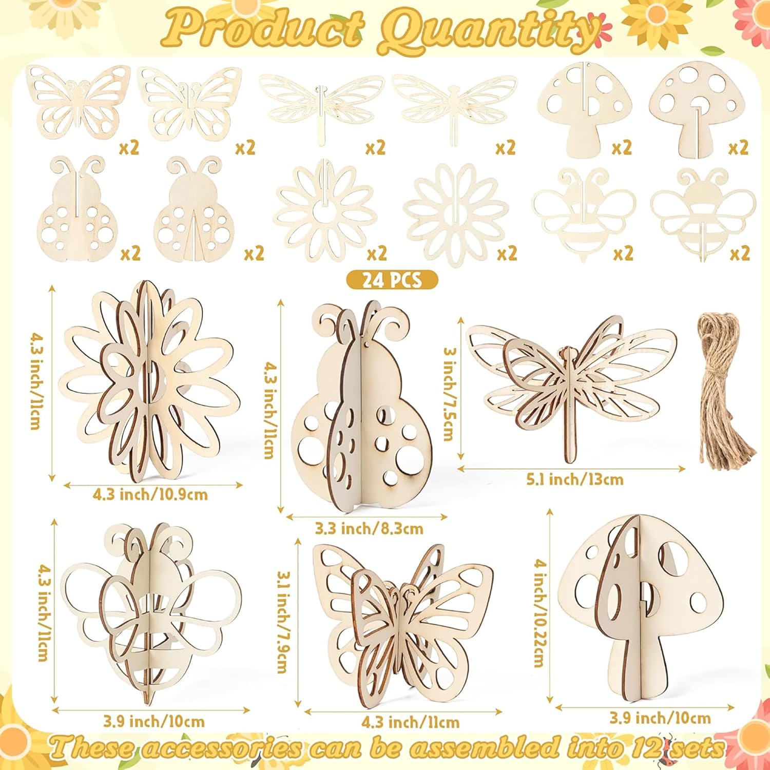 Wooden accessories with butterfly, flower, and mushroom designs, including measurements and quantity details.