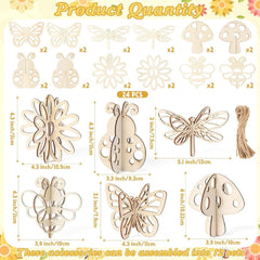 Wooden accessories with butterfly, flower, and mushroom designs, including measurements and quantity details.