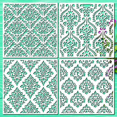 Four decorative tiles with intricate patterns on a green background