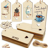 Set of wooden gift tags with coffee-themed illustrations and text, accompanied by heart-shaped decorations and string.