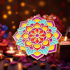 Decorative mandala with candles and flowers on a dark background