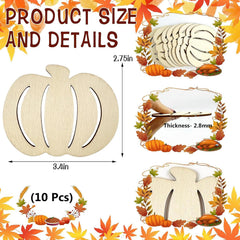 Wooden pumpkin decorations with measurements and details on a fall-themed background