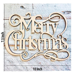Wooden 'Merry Christmas' decoration on a wooden background