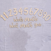 Wooden numbers and text pieces on a textured fabric background