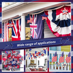 Decorative flags and wreaths with American and British designs on a house exterior.