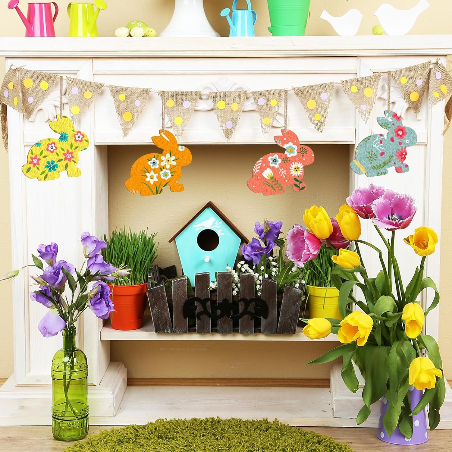Decorative Easter shelf with colorful bunnies, flowers, and a birdhouse.