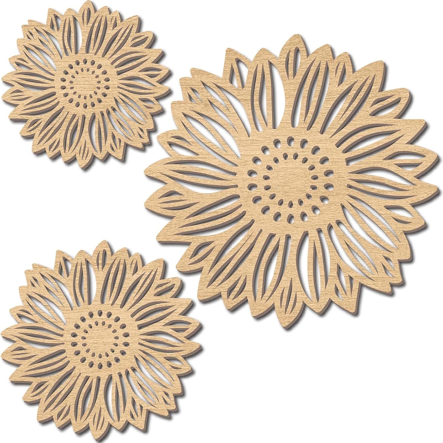 Three sunflower-shaped wooden coasters on a white background