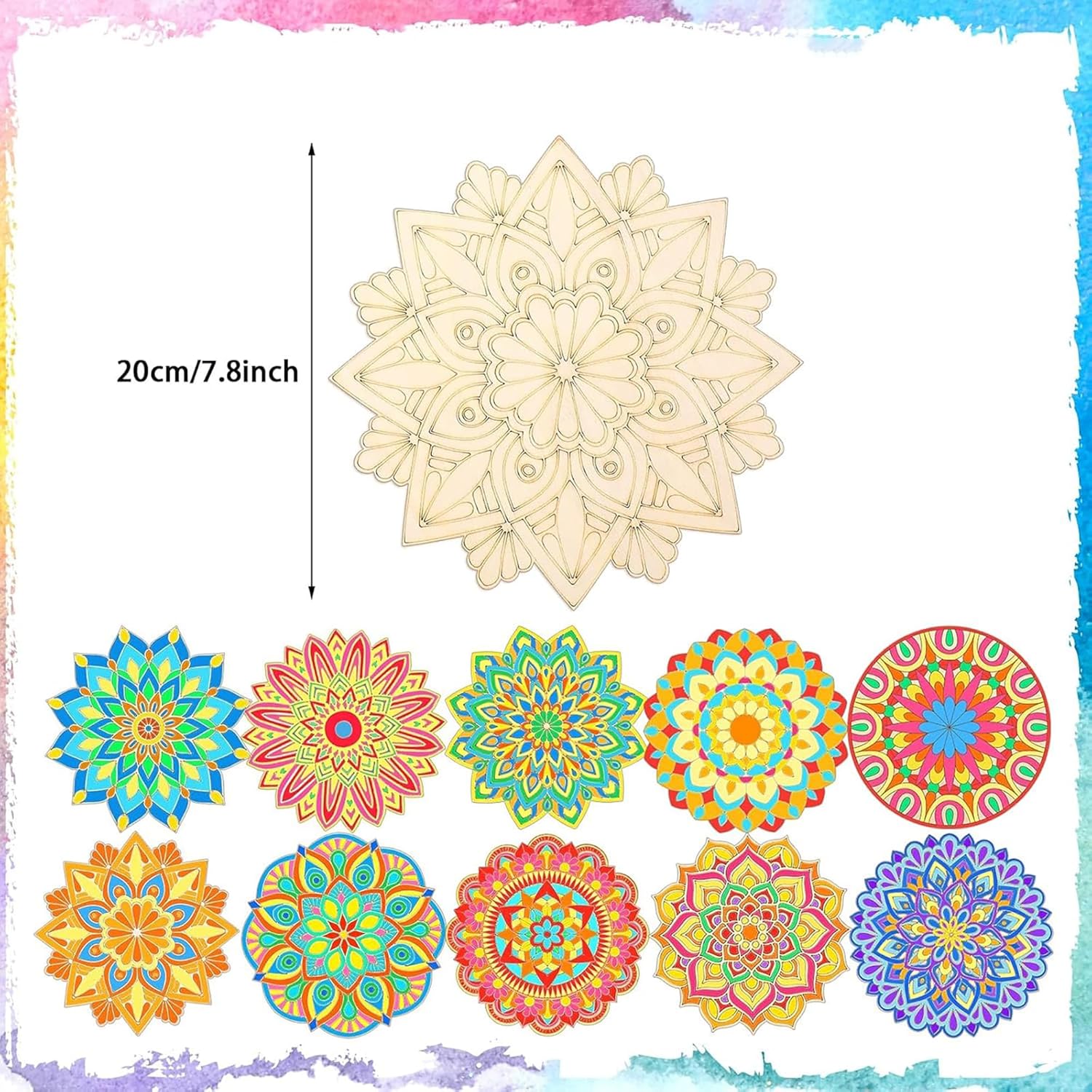 Colorful mandala designs with a wooden mandala template on a colorful border.