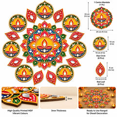 Printed MDF rangoli with red leaves and mandala