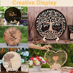 Collage of wooden decorative items with engraved designs and text.