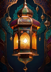 Decorative lantern with intricate designs and warm glow against a dark background