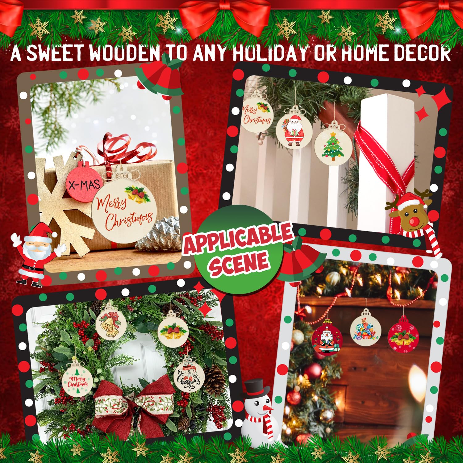Decorative Christmas scene with wreaths, ornaments, and a ladder on a red background.