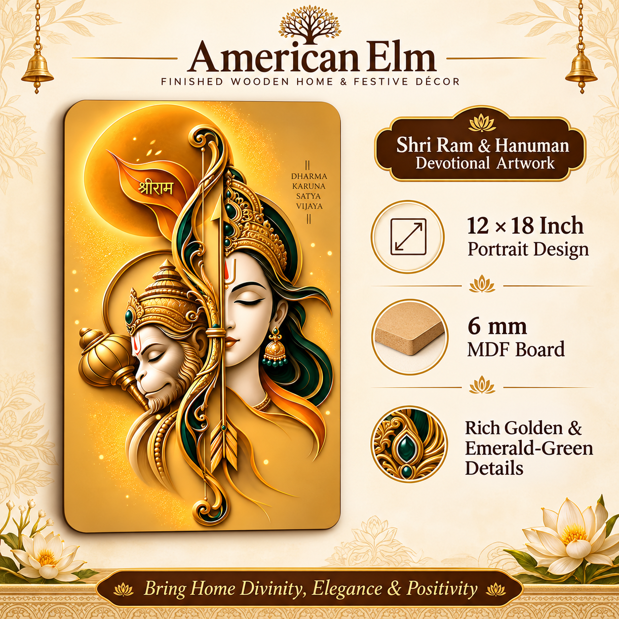 Golden devotional wall painting for pooja room decor