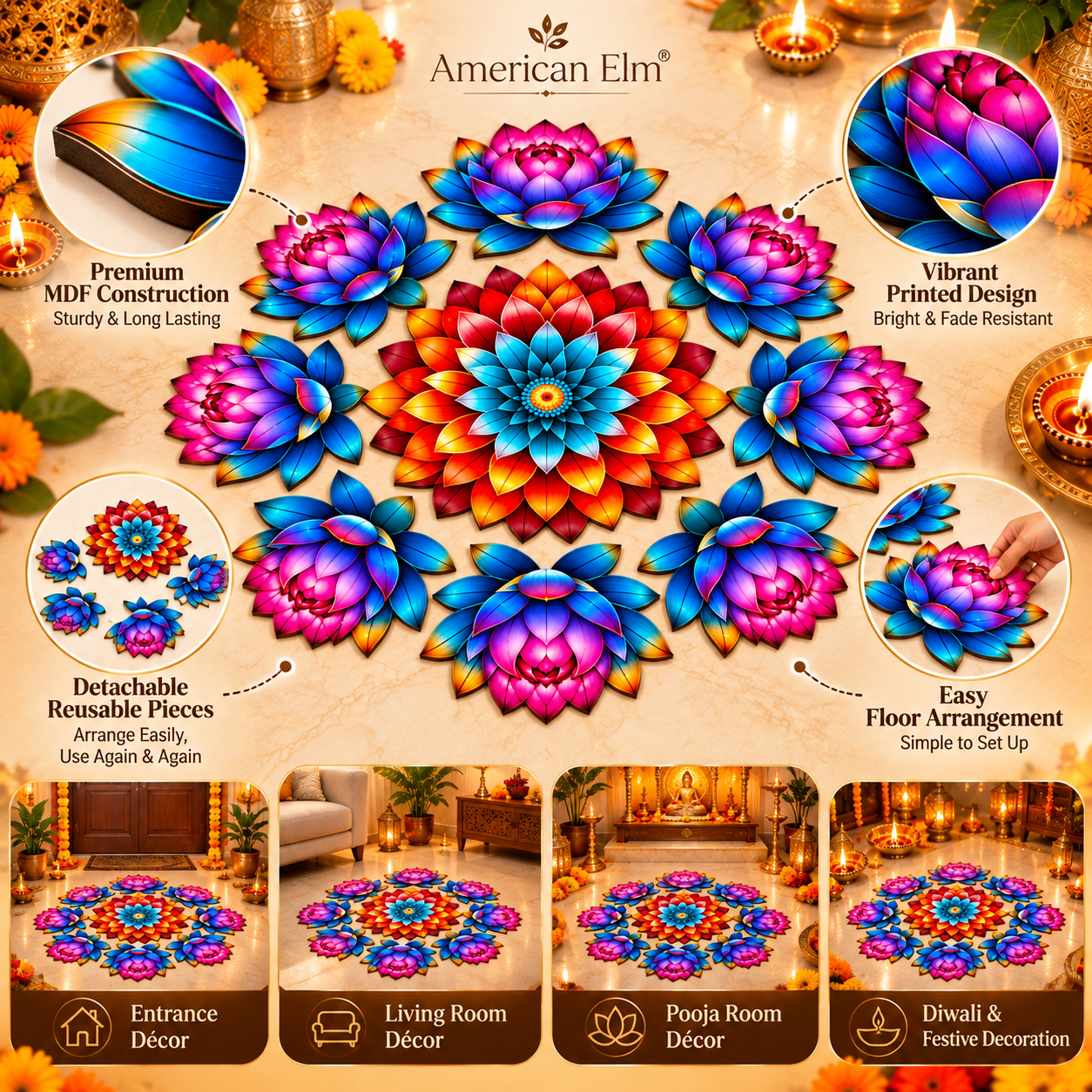 Set of 9 lotus rangoli floor decor pieces