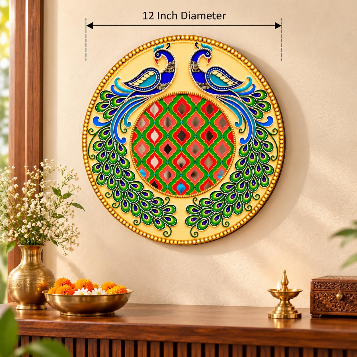 Round Floral Peacock Wall Hanging for Pooja Room