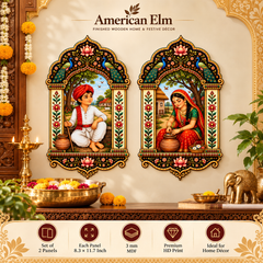 American Elm Village Couple Jharokha Wall Decor, Peacock Lotus Rajasthani Folk Theme Wall Art, Living Room & Entrance Décor, Set of 2, 3mm MDF