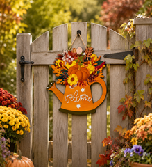 American Elm Welcome Watering Can Fall Wall Hanging with Pumpkin Sunflowers and Autumn Leaves for Front Door Porch and Entryway Decor Ready to Hang