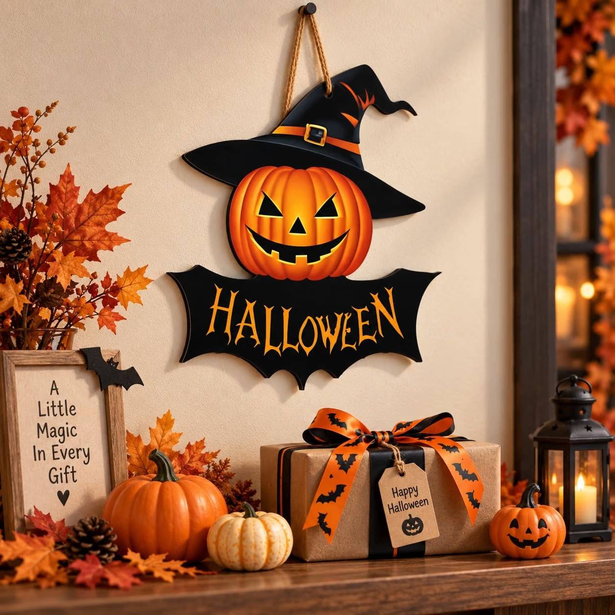 pumpkin witch hat halloween hanging sign