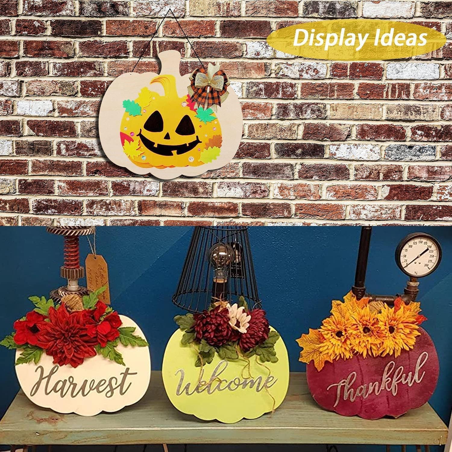 Decorative pumpkin signs with floral designs and text on a brick wall background.