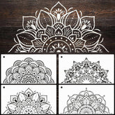 Set of six mandala designs on a wooden background