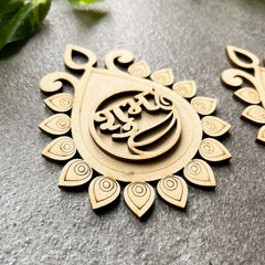 Decorative wooden piece with intricate design on a gray surface
