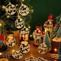 Decorative Christmas ornaments with motivational phrases on a festive table setting.