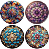 Four colorful mandala designs on a white background