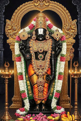 Decorative statue of a deity with gold and colorful attire, surrounded by flowers and lights.