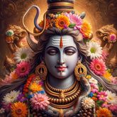 Decorative image of a deity with flowers and intricate details