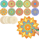 Colorful mandala designs on paper with a hand holding a marker.