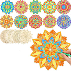 Colorful mandala designs on paper with a hand holding a marker.