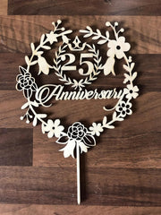 Cliths Wooden 25th Anniversary Cake Topper Rustic Wedding Anniversary Cake Decoration for Couple Silver Jubilee Party Decor Cake Accent for Dessert Table