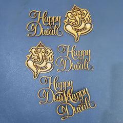 Gold 'Happy Diwali' and Ganesha designs on a blue background