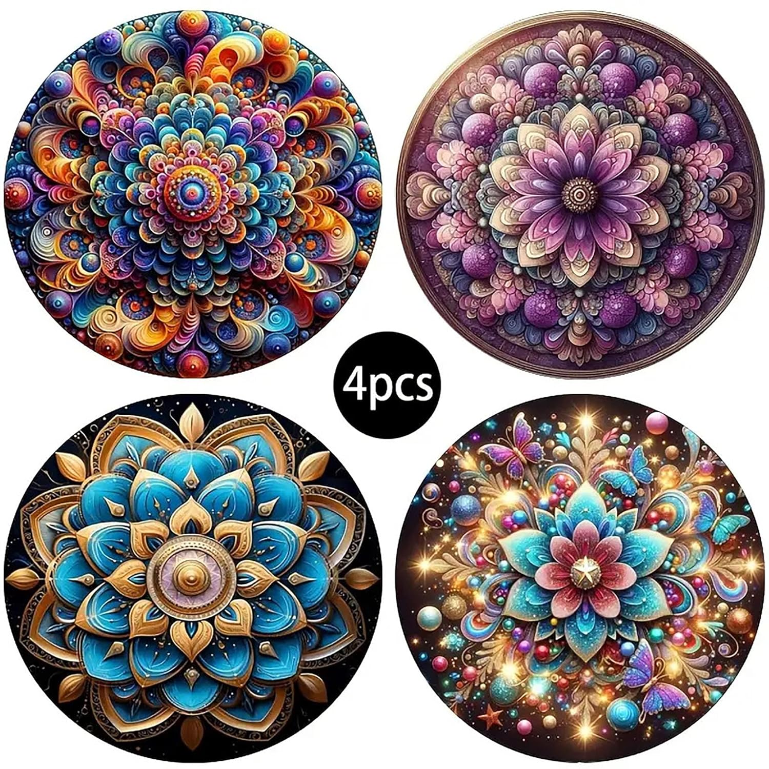 Four colorful mandala designs on a white background